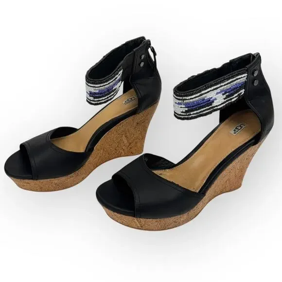 Ugg Black Leather Beaded Ankle Strap Cork Platform Wedge Sandals 8.5 Breathable - Picture 2 of 16